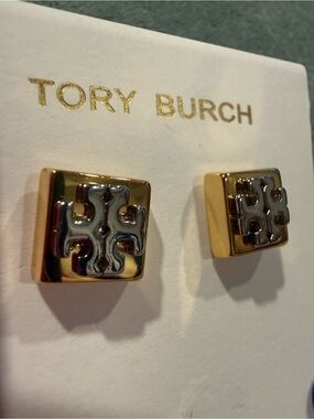 Tory Burch | Gold Plated Two-Tone Square Logo Stud Earrings | Small